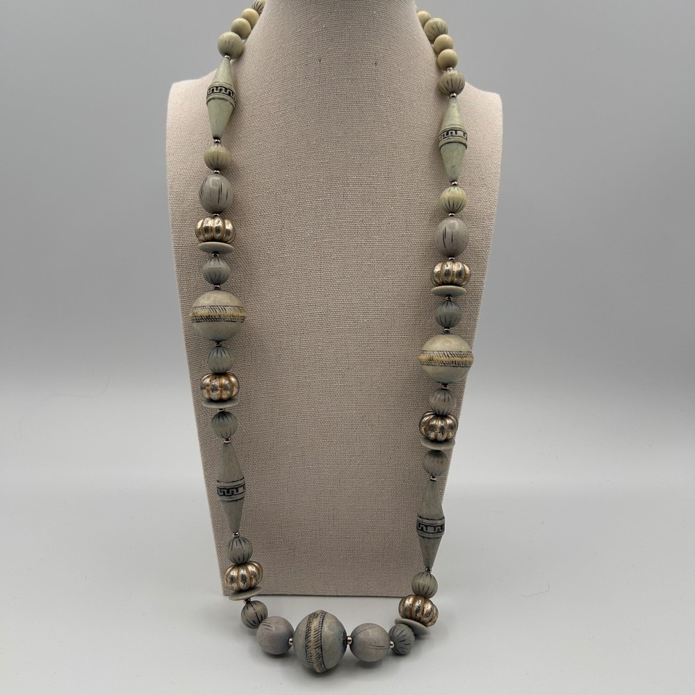Vintage Greek Key Geometric Beaded Statement Necklace Grey Gold Boho Chunky 28"